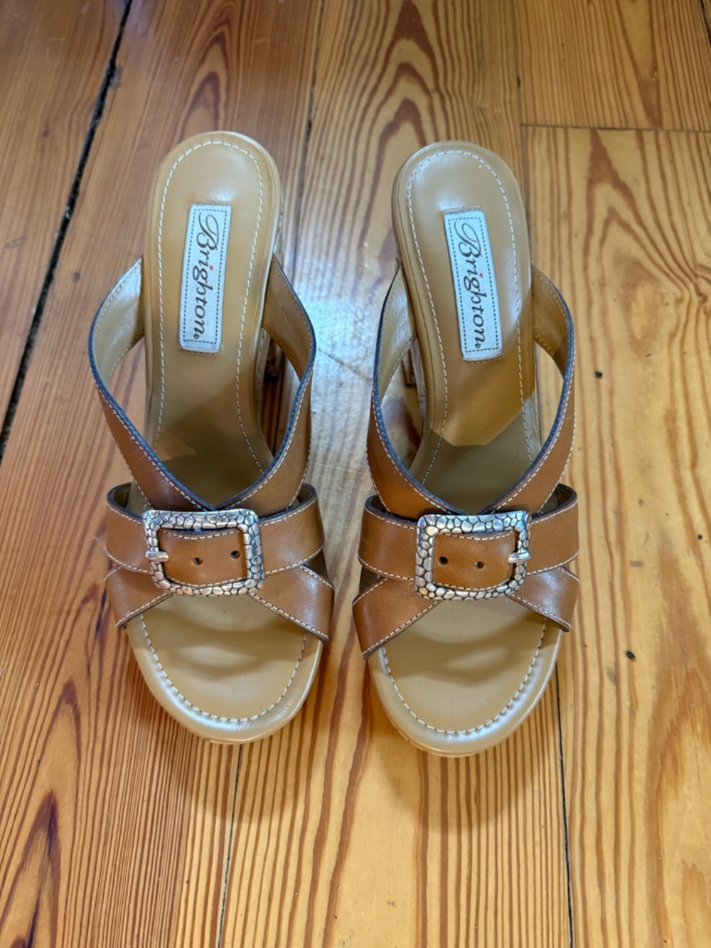 Brighton Tan Leather Buckle Mule Sandals